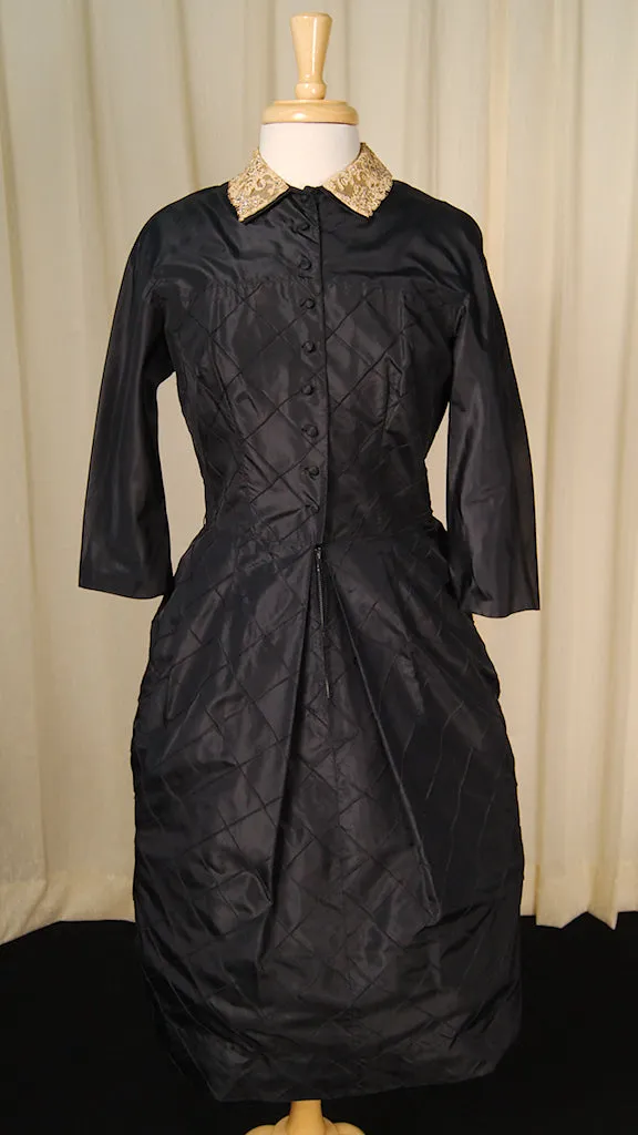 1950s Navy Taffeta & Lace Dress
