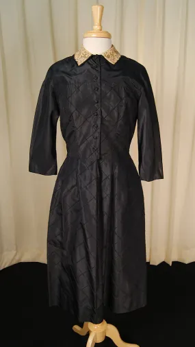 1950s Navy Taffeta & Lace Dress
