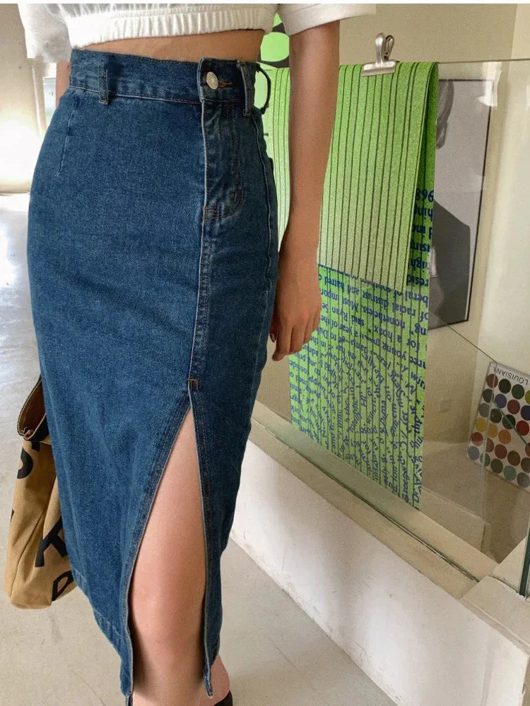 2024 New Midi Spring Summer Side Split Wasit Jeans Straight Female Skirt