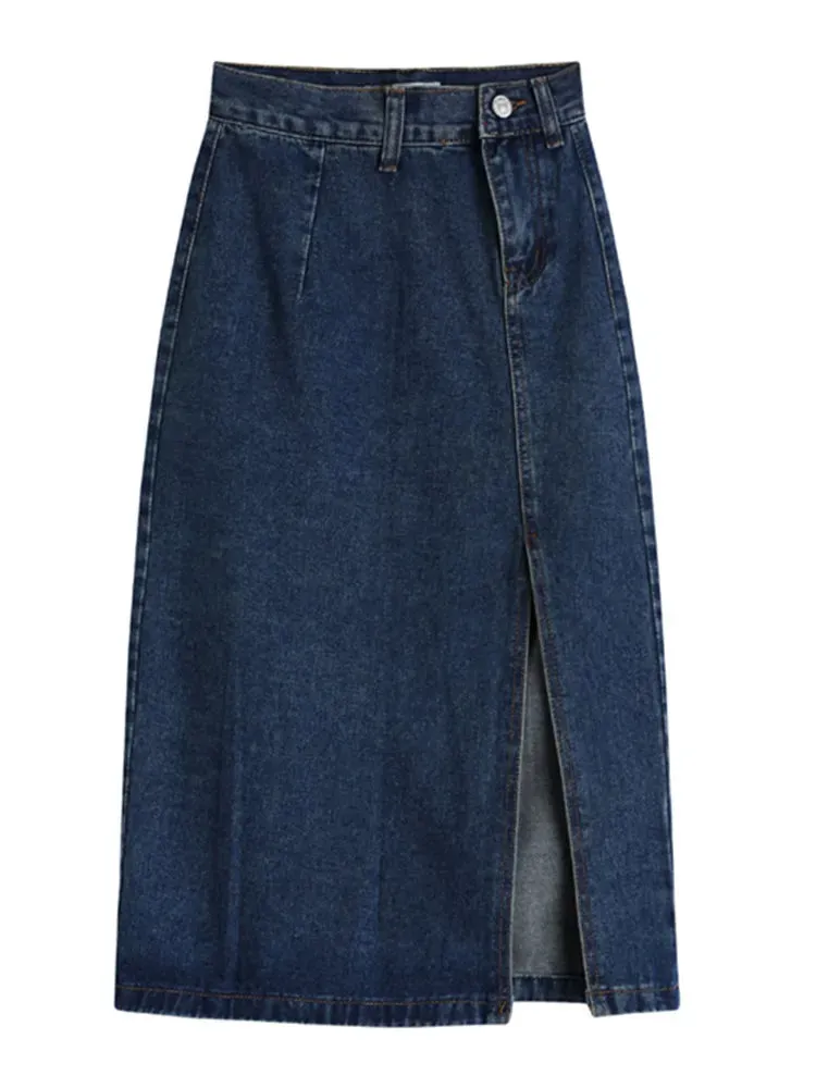 2024 New Midi Spring Summer Side Split Wasit Jeans Straight Female Skirt