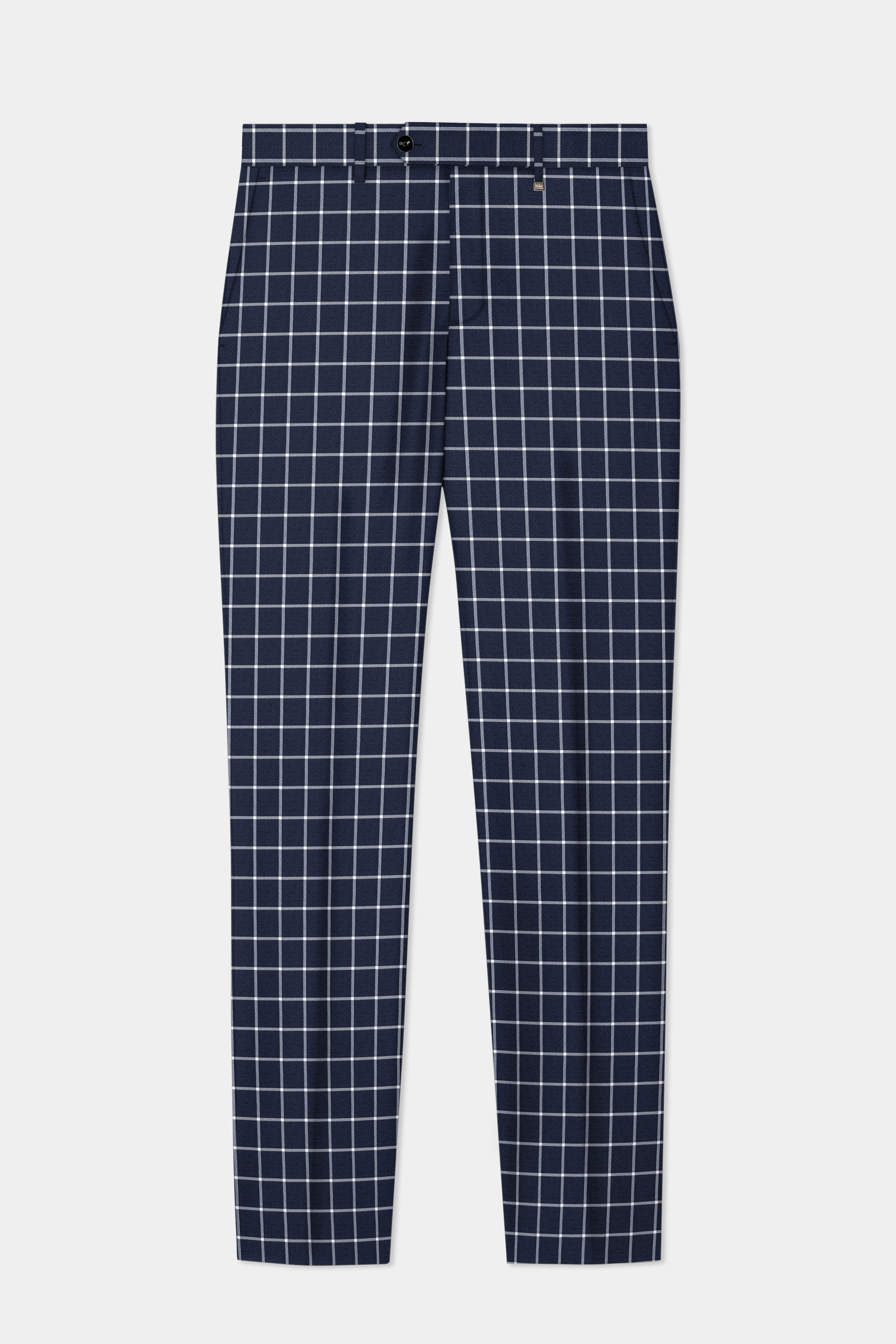 Admiral Blue and White Windowpane Wool Rich Cross Placket Bandhgala Suit