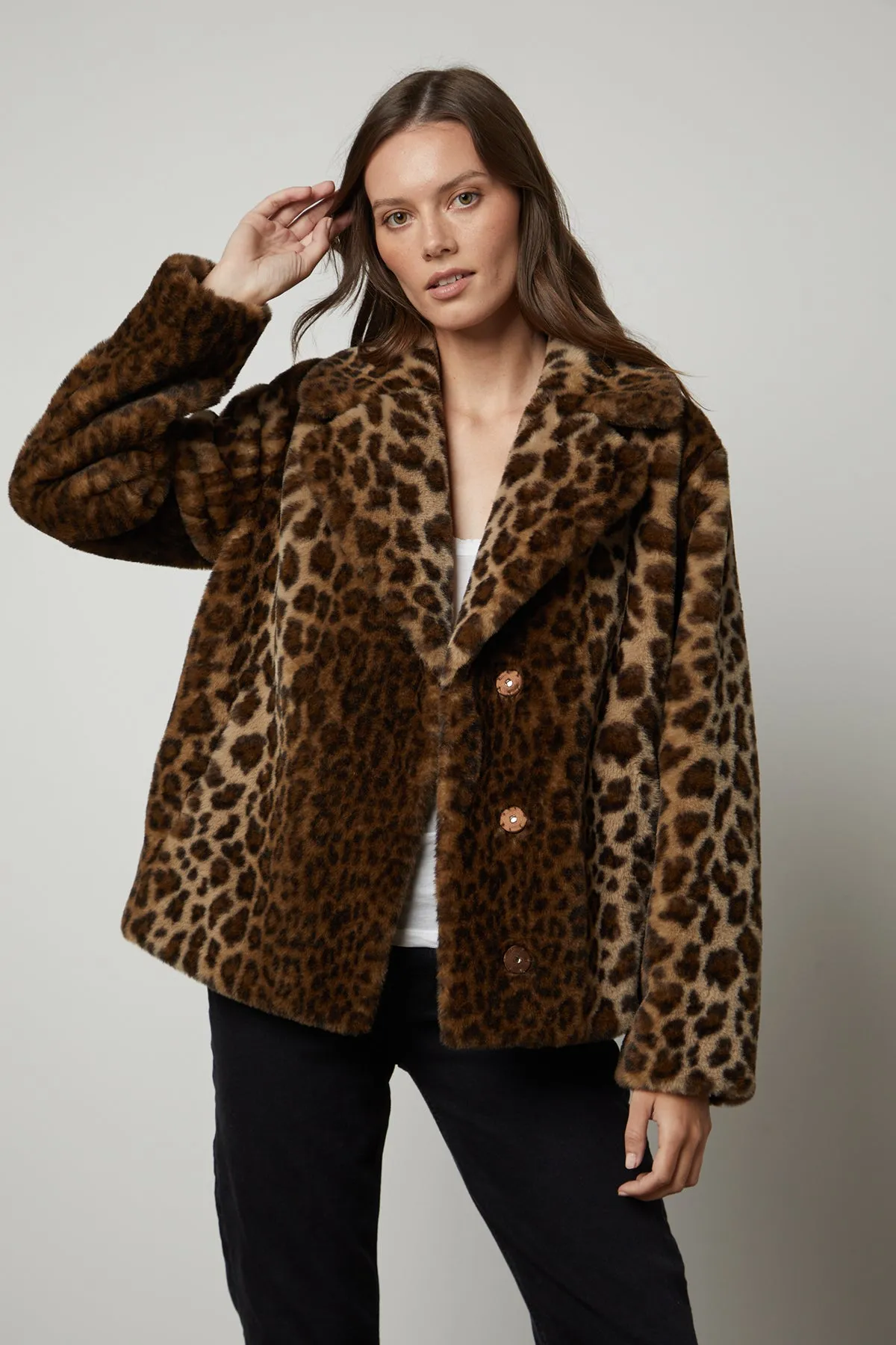 Heres an optimized title for your e-commerce product with added modifiers:

Chic Amani Leopard Print Luxurious Faux Fur Jacket for Women

This title uses descriptive language to attract potential buyers and emphasizes the key features of the product (chic, leopard print, luxurious, faux fur), including the target audience (women).