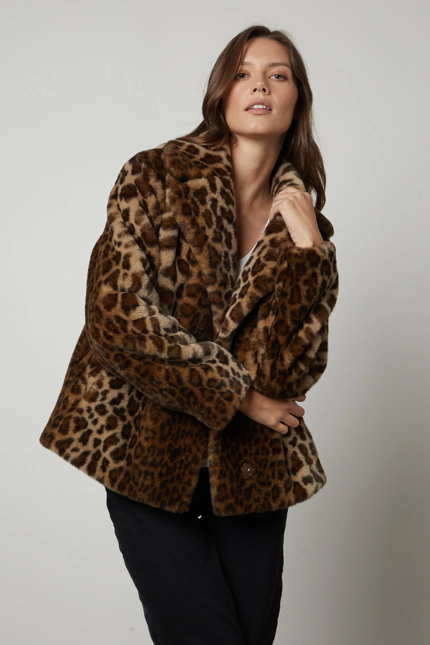 Heres an optimized title for your e-commerce product with added modifiers:

Chic Amani Leopard Print Luxurious Faux Fur Jacket for Women

This title uses descriptive language to attract potential buyers and emphasizes the key features of the product (chic, leopard print, luxurious, faux fur), including the target audience (women).