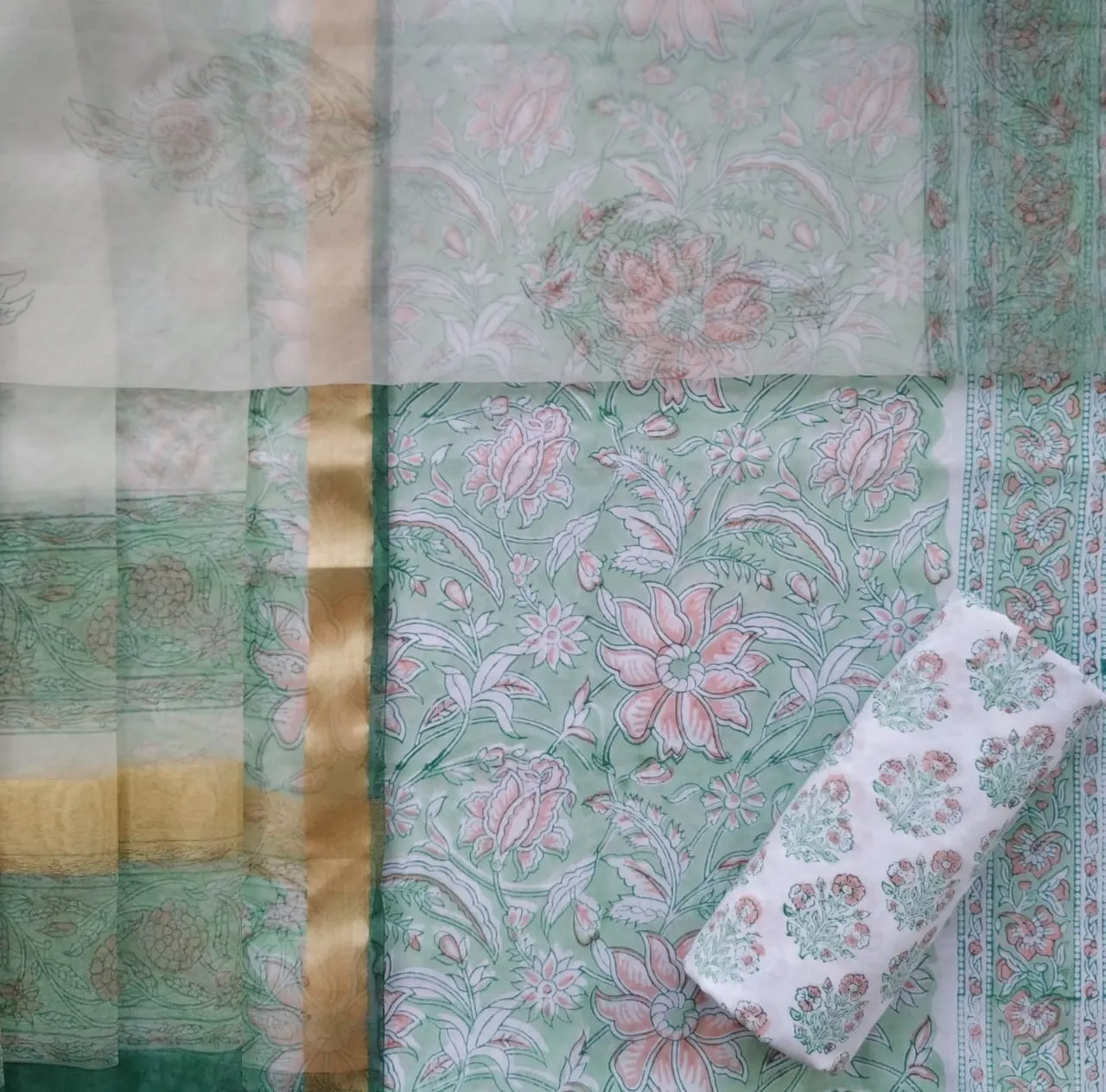 Appealing Hand Block Print Cotton Suit Set with Organza Dupatta (ORG144)