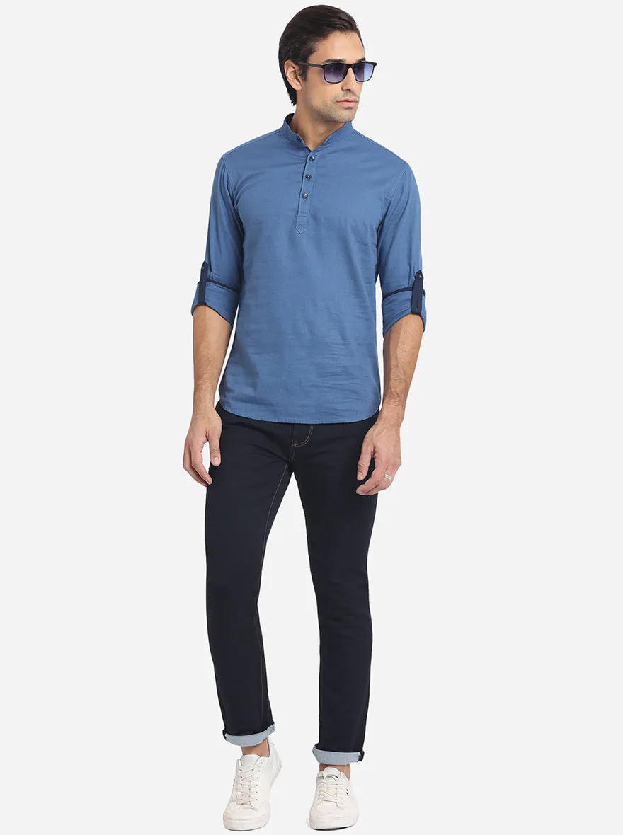 Ashes Blue Solid Slim Fit Short Kurta | Greenfibre