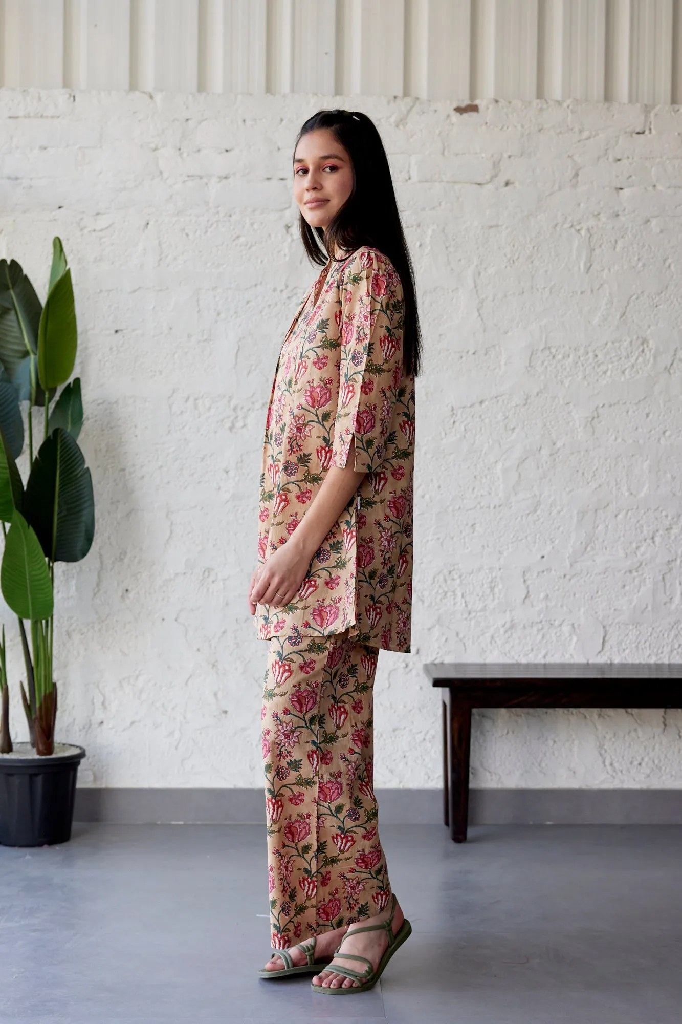 Beige Ethnic Coromandel On Pallazo Co-ord Set