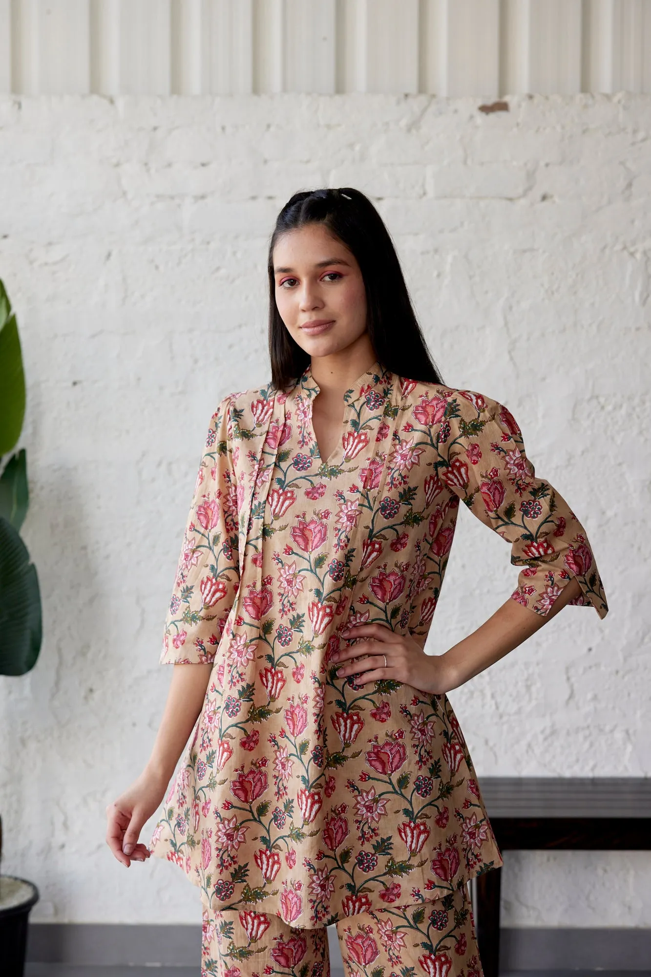 Beige Ethnic Coromandel On Pallazo Co-ord Set