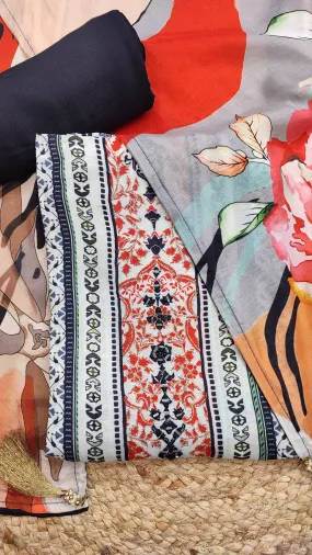 Black in White Muslin Unstitched Suit With Digital Print and Zari Work