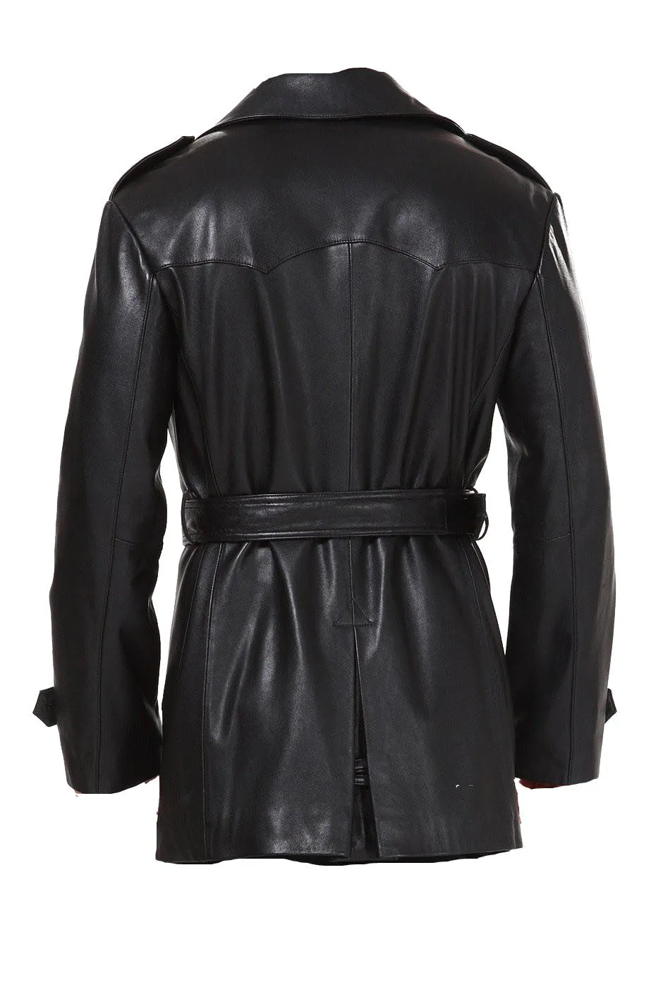 Black leather belted and double breasted trench coat