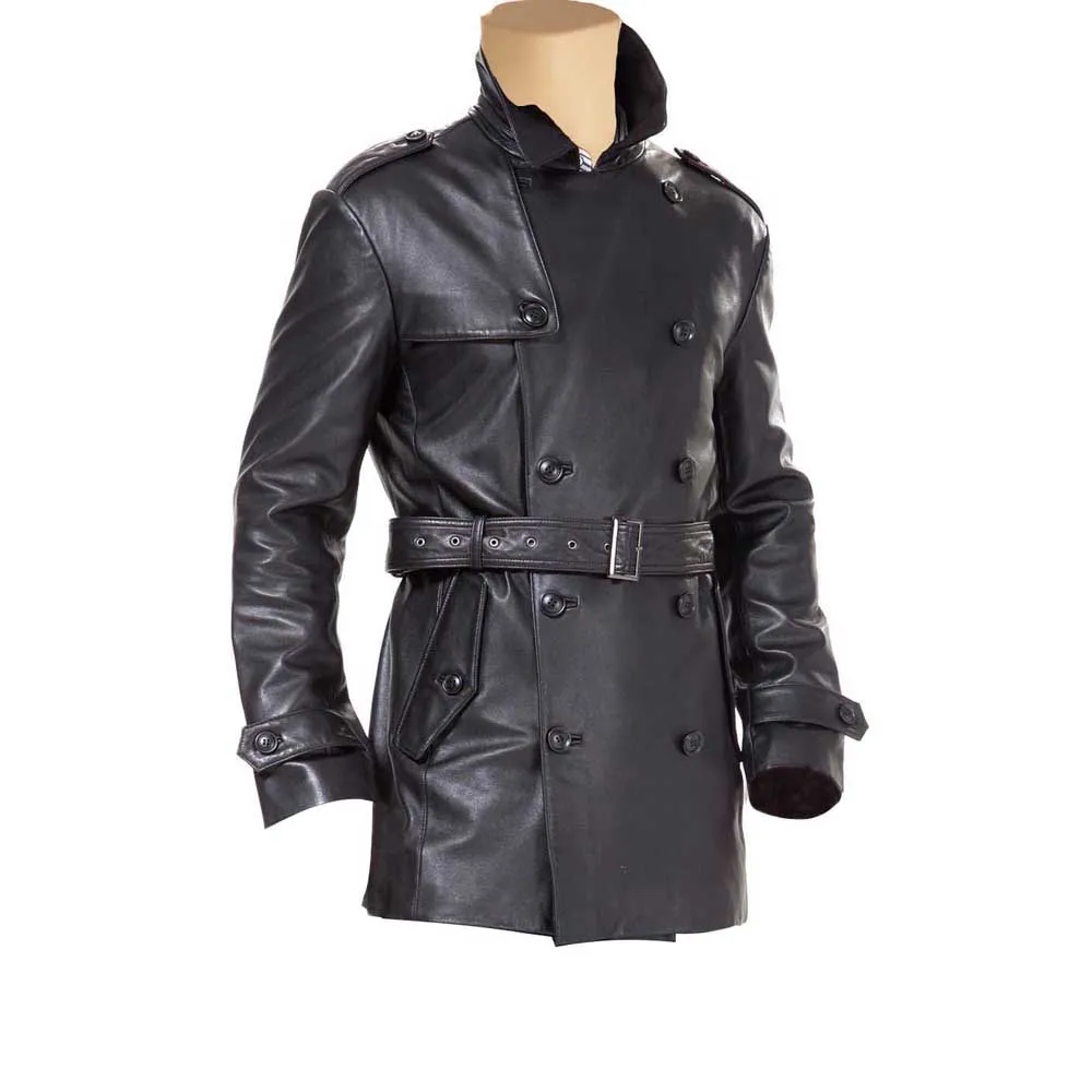 Black leather belted and double breasted trench coat