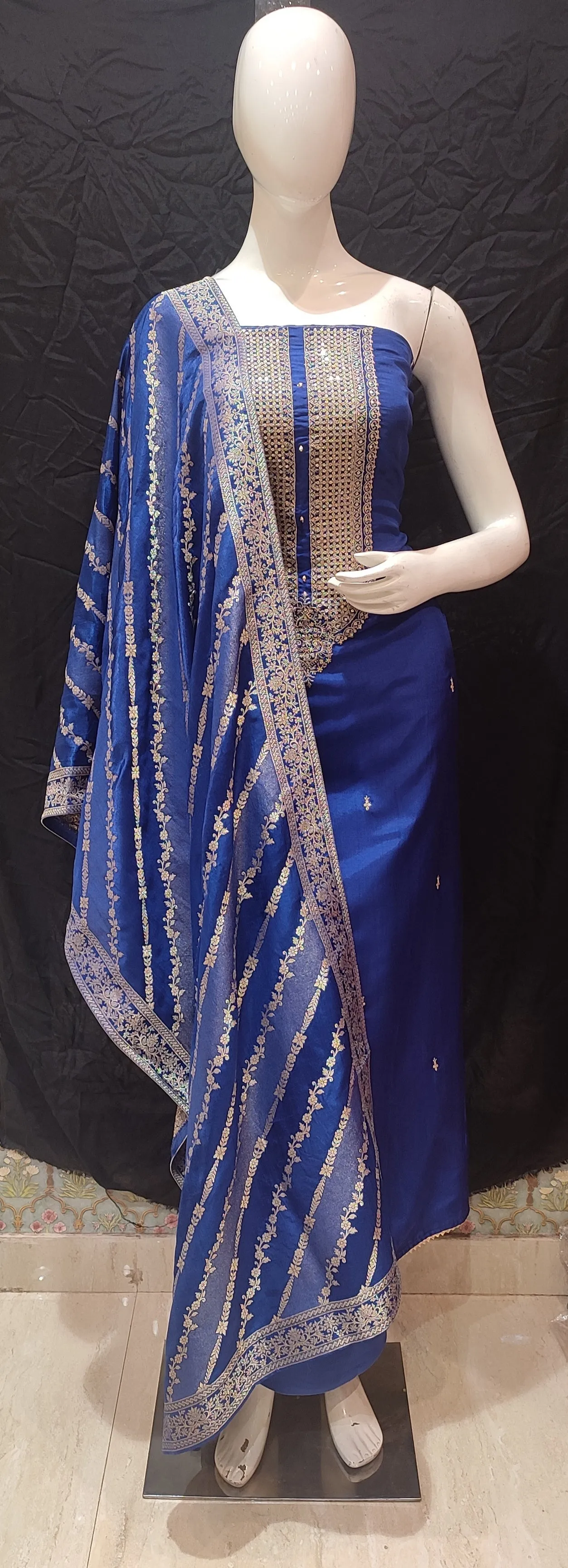 Blue Silk Unstitched Suit With Golden Embroidery