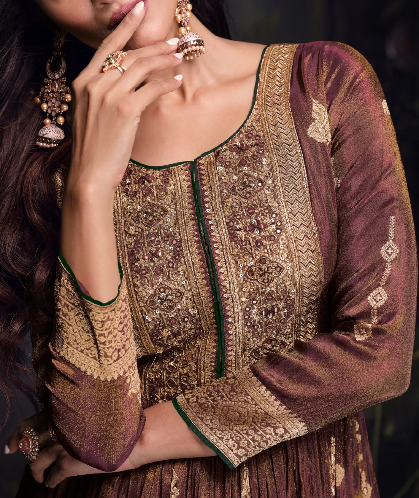 Brown Viscose Jacquard Silk Anarkali with Embroidered Net Dupatta