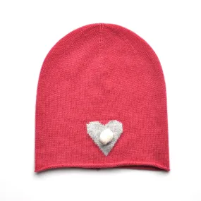 Cashmere Beanie with Heart and Mini Pompom - Pink