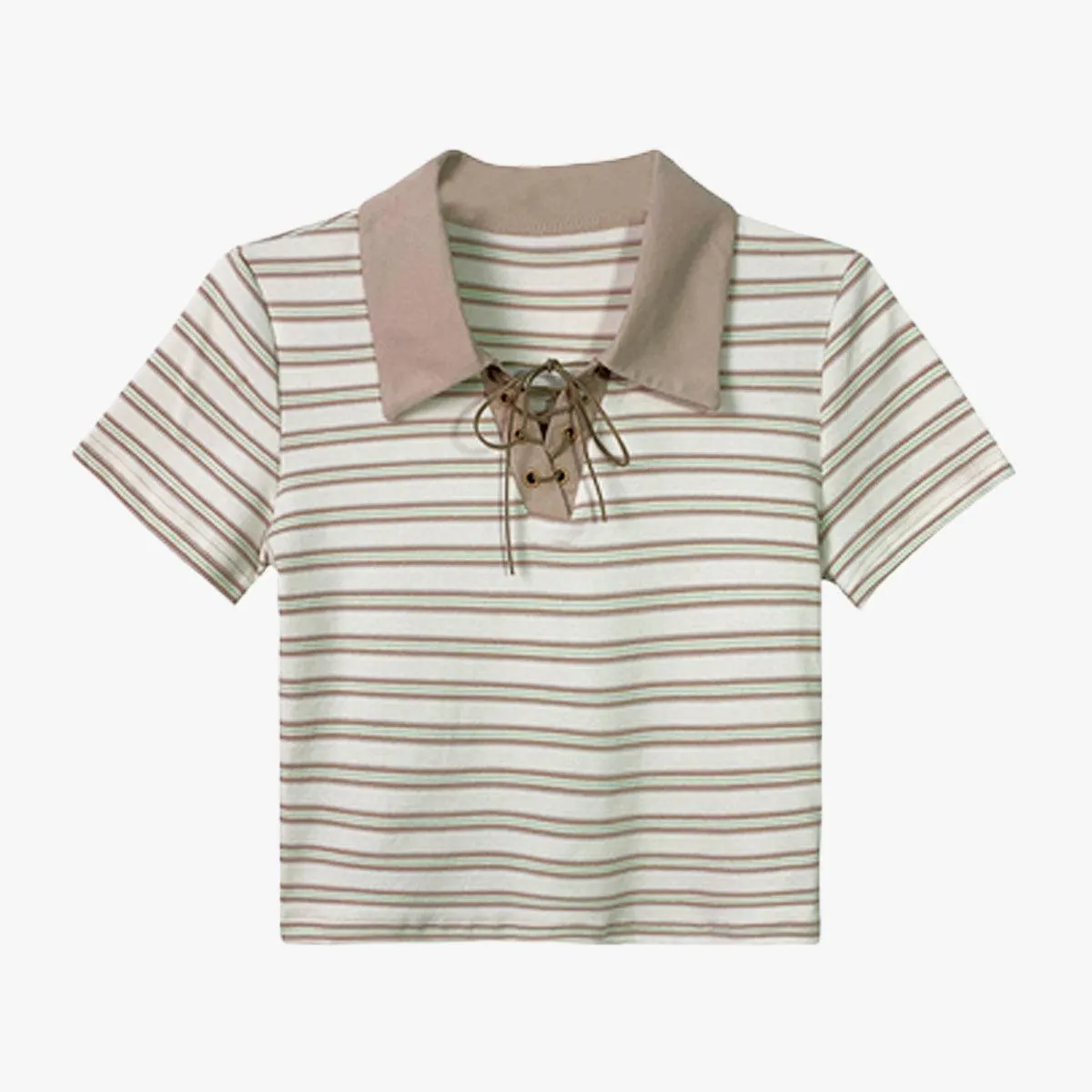 Collar Lace Striped Crop Polo Shirt
