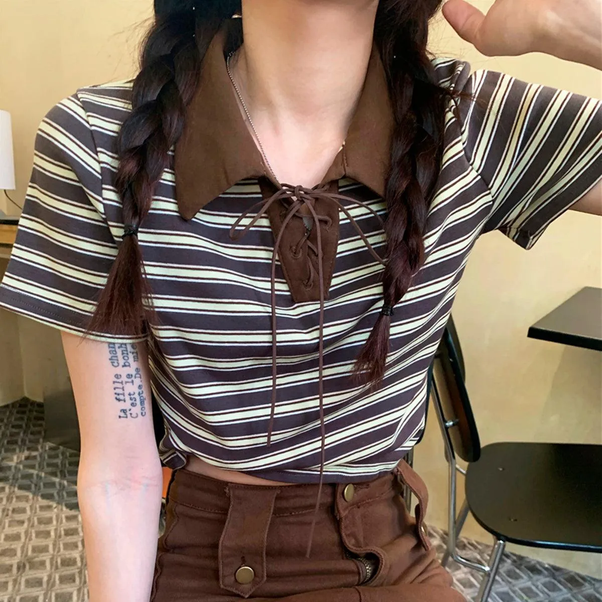 Collar Lace Striped Crop Polo Shirt