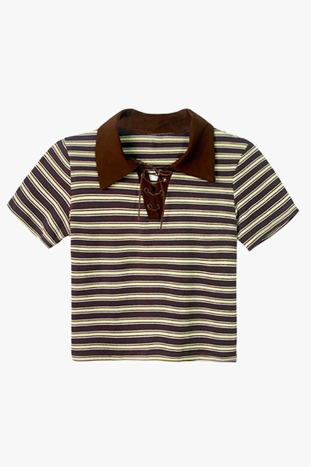 Collar Lace Striped Crop Polo Shirt