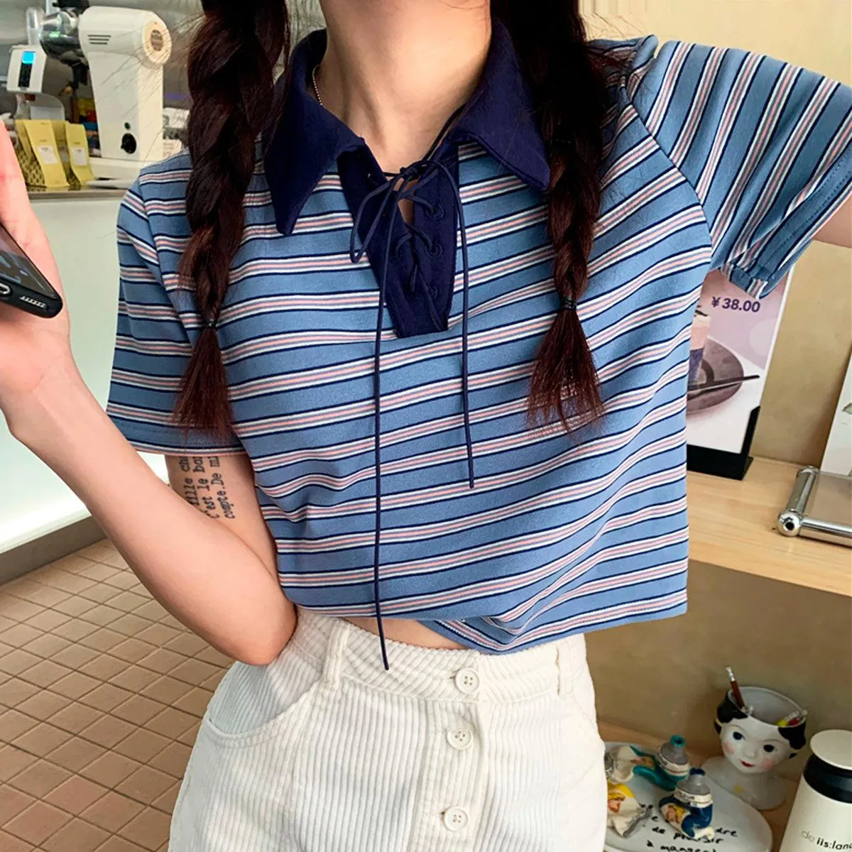 Collar Lace Striped Crop Polo Shirt