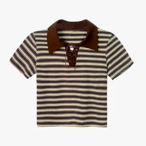 Collar Lace Striped Crop Polo Shirt