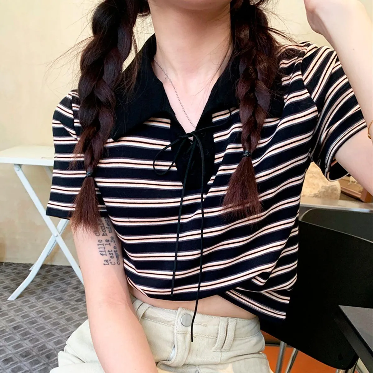 Collar Lace Striped Crop Polo Shirt