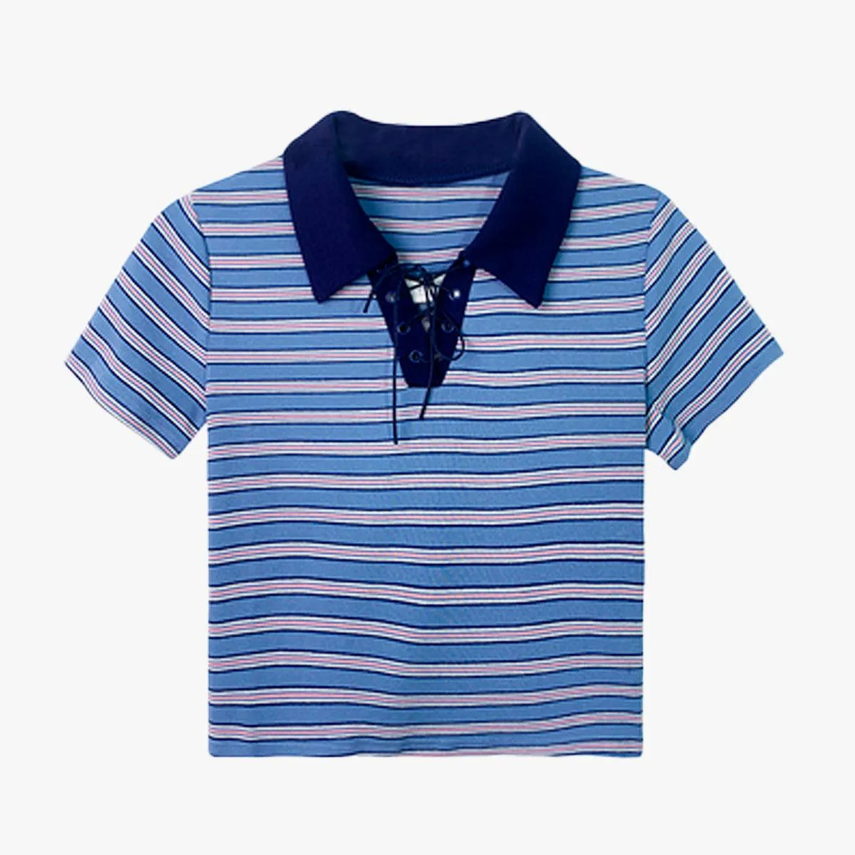 Collar Lace Striped Crop Polo Shirt