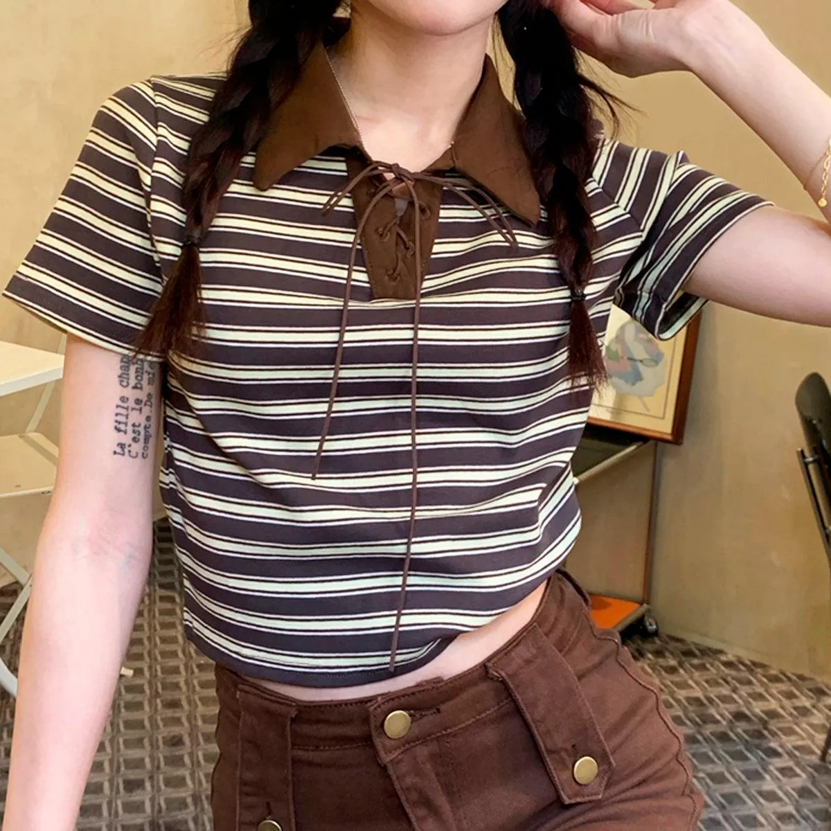 Collar Lace Striped Crop Polo Shirt