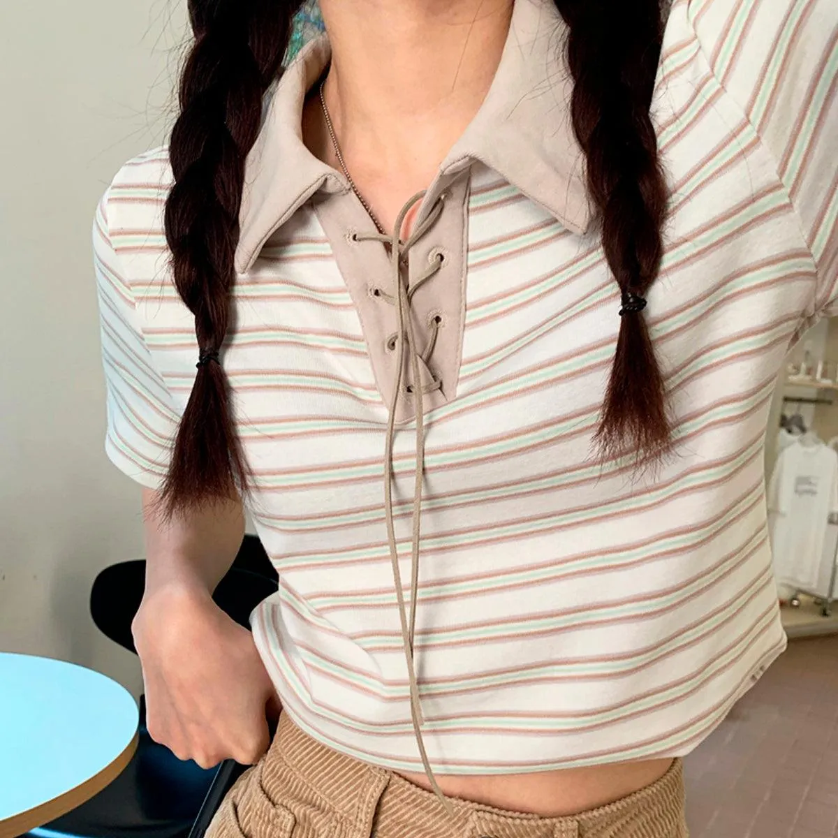 Collar Lace Striped Crop Polo Shirt