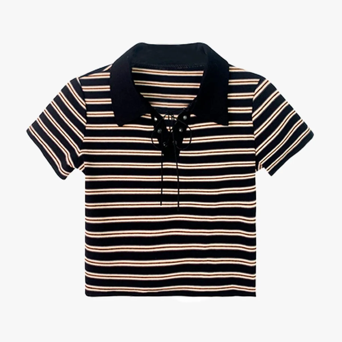 Collar Lace Striped Crop Polo Shirt