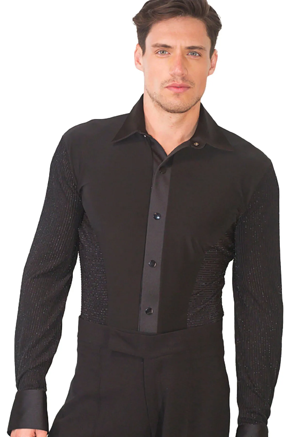 Dance America MS1 Men's Lurex Striped Sleeves and Side Ballroom Shirt with Trunks in Stock