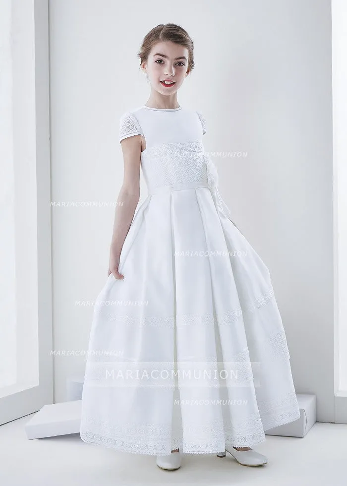 Elegant A-Line Jewel Short Sleeve Lace Hand Made Flowers Floor-Length Satin First Communion Dresses