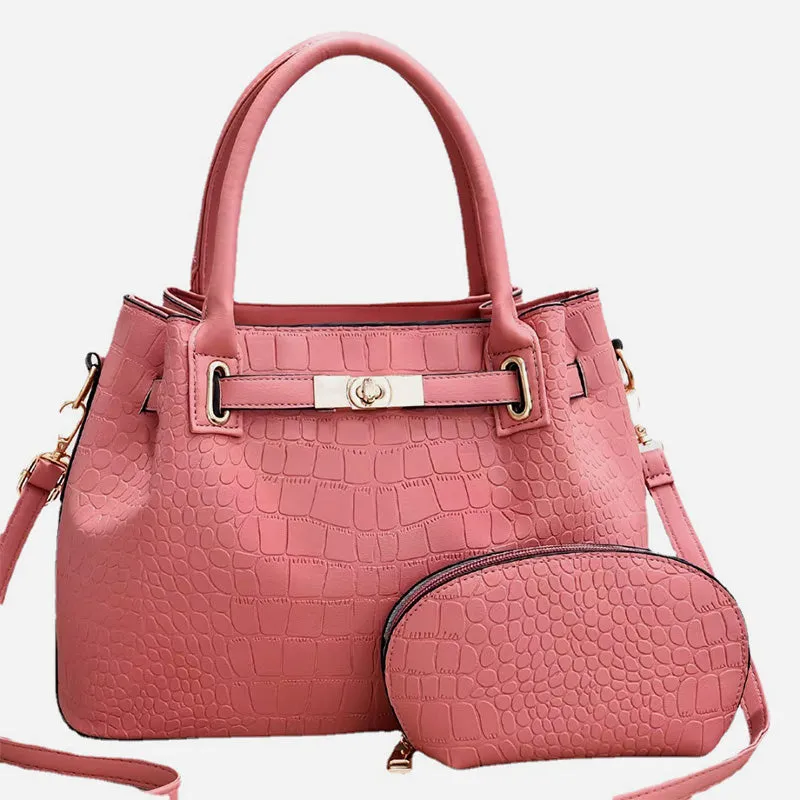 Elegant Bag Set Solid Color Crocodile Print Top Handle Purse