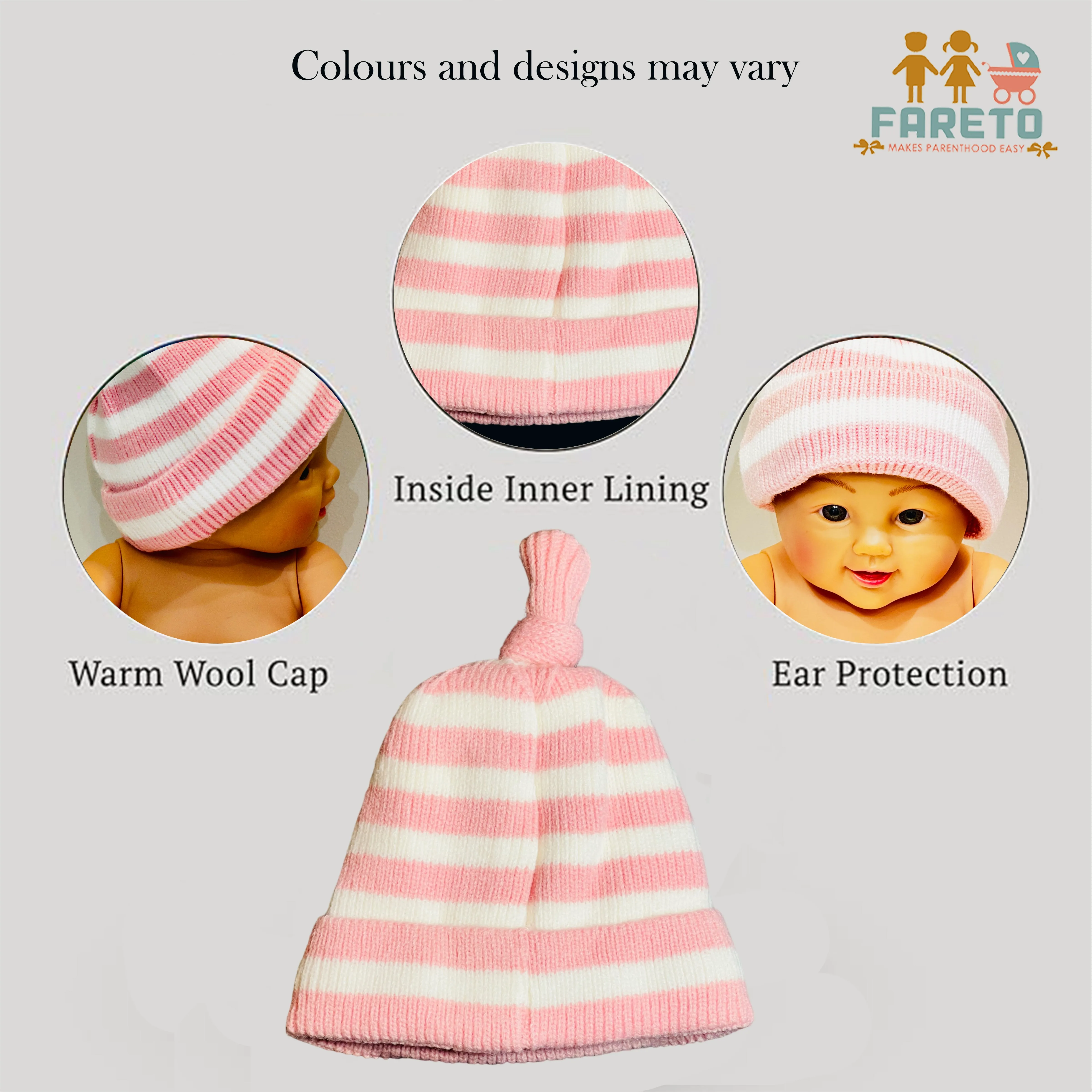 Fareto New Born Baby Super Warm Winter Wollen Cap (Pack of 2)(6 Month to 2 Years)(Round Line)
