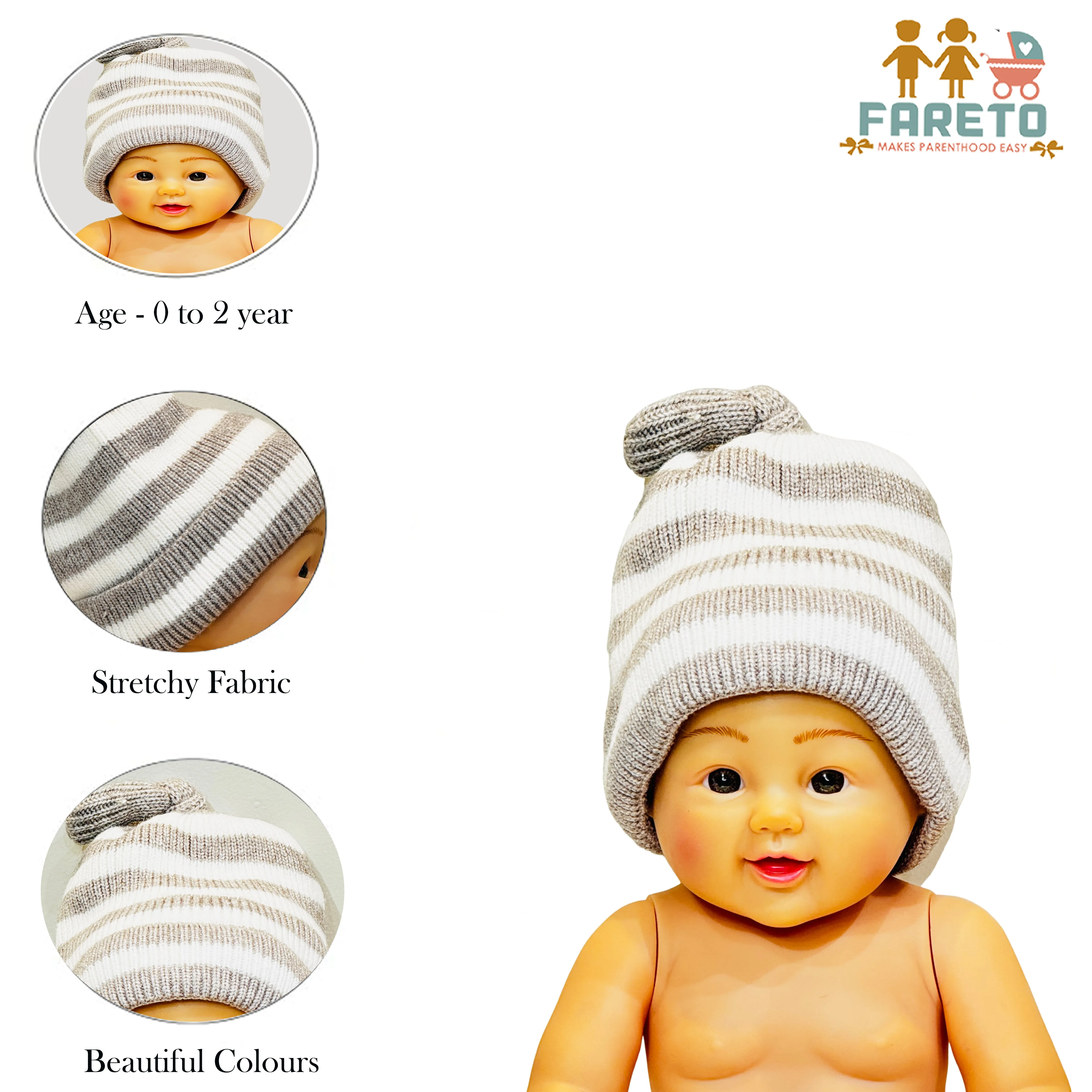 Fareto New Born Baby Super Warm Winter Wollen Cap (Pack of 2)(6 Month to 2 Years)(Round Line)