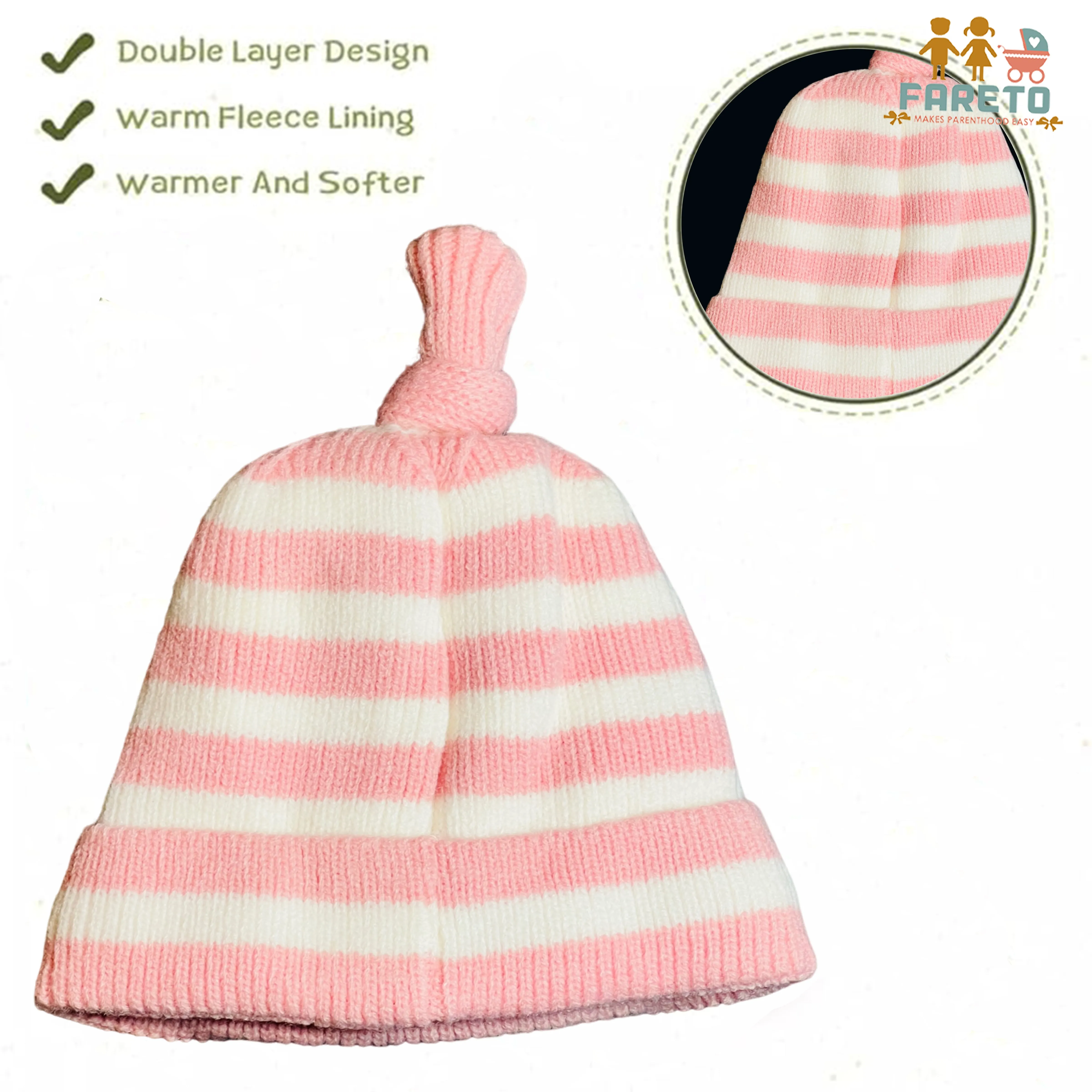 Fareto New Born Baby Super Warm Winter Wollen Cap (Pack of 2)(6 Month to 2 Years)(Round Line)