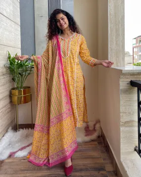 Floral Motifs On Yellow Dupatta Suit Set