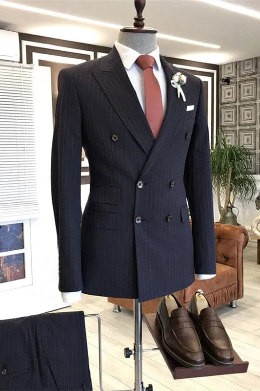 Formal Peaked Lapel Double Breasted Striped  Black Business Suits Wedding Groom Suits