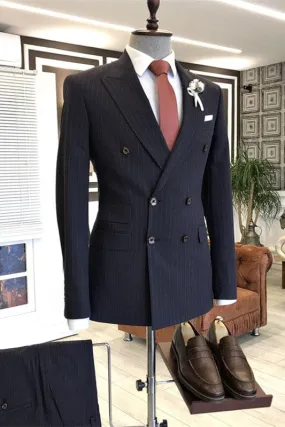 Formal Peaked Lapel Double Breasted Striped  Black Business Suits Wedding Groom Suits