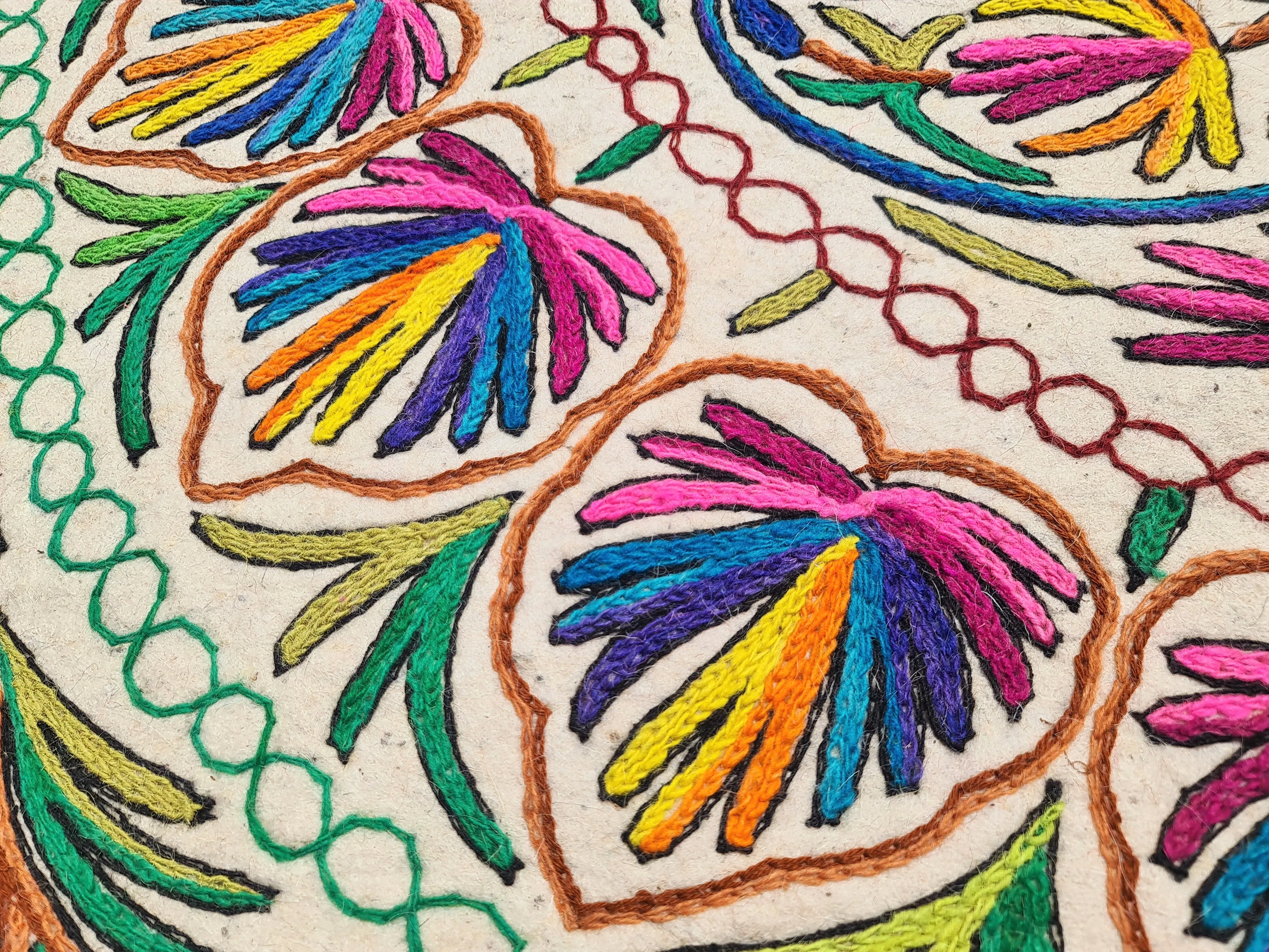 Hand-Felted 7x5 Wool Rug "Namda" from Kashmir - Unique Floral Embroidery on Sheep Wool Felt Base - Boho Decor for Cozy Floors and Artful Corners