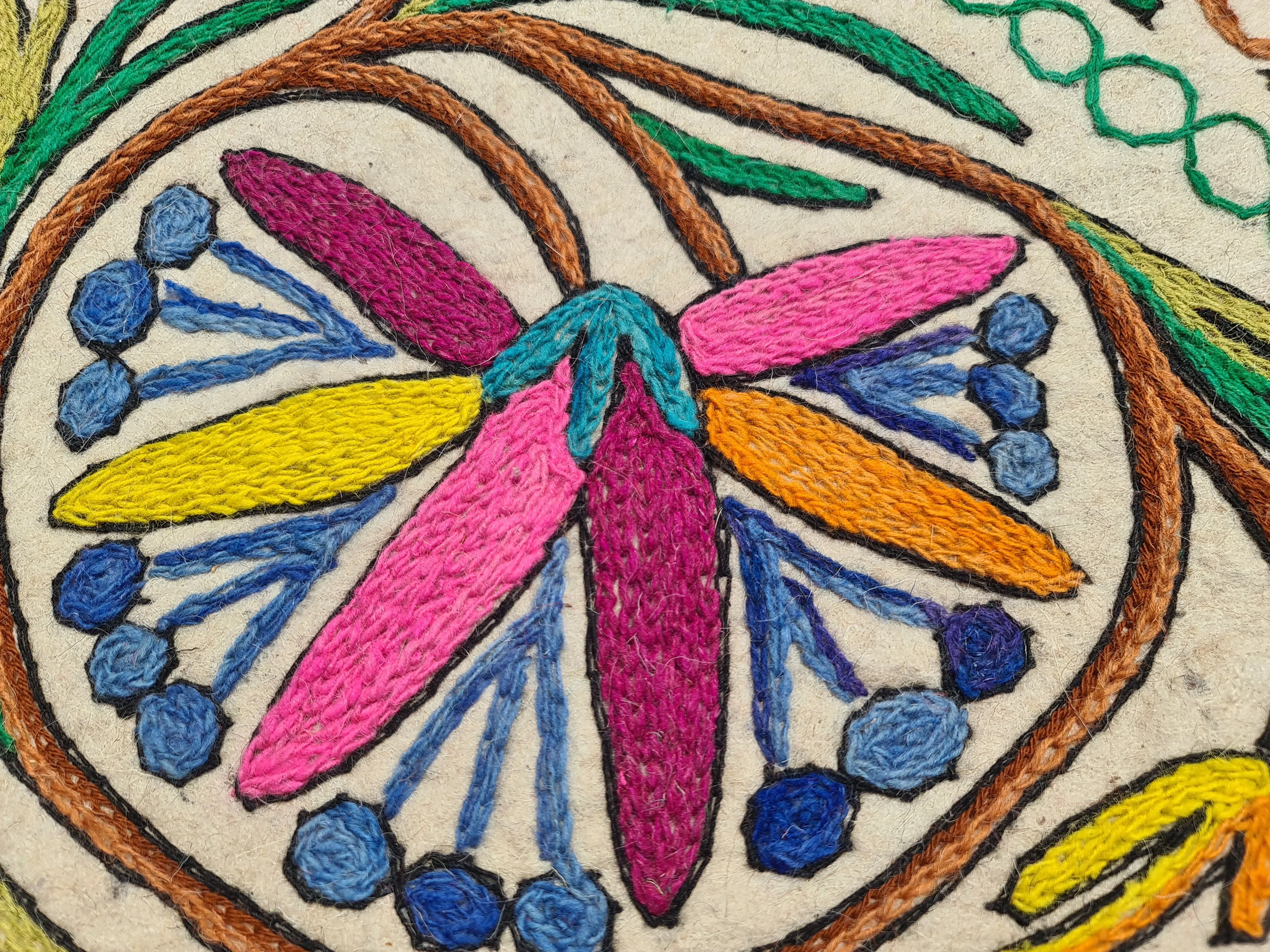 Hand-Felted 7x5 Wool Rug "Namda" from Kashmir - Unique Floral Embroidery on Sheep Wool Felt Base - Boho Decor for Cozy Floors and Artful Corners