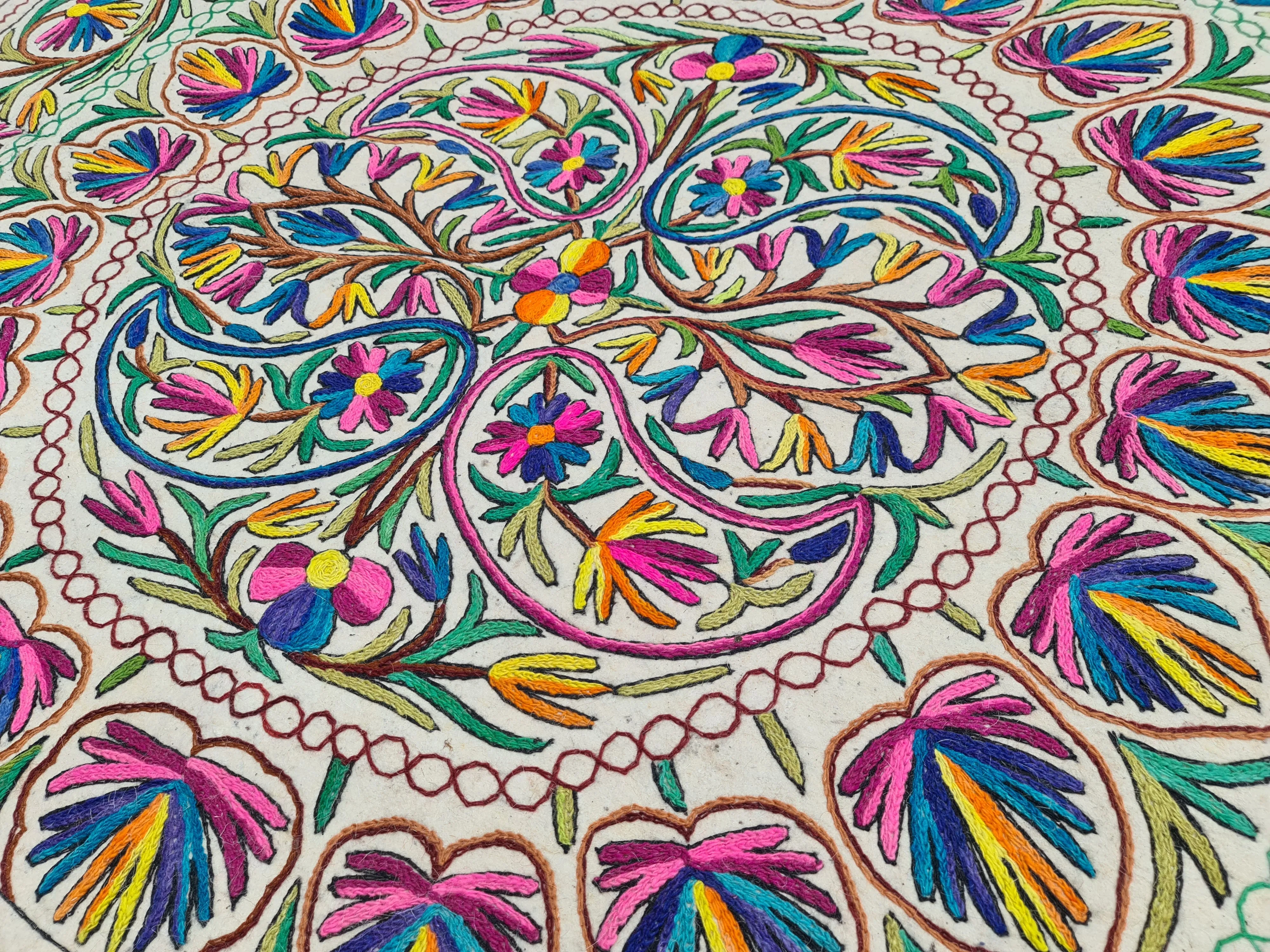 Hand-Felted 7x5 Wool Rug "Namda" from Kashmir - Unique Floral Embroidery on Sheep Wool Felt Base - Boho Decor for Cozy Floors and Artful Corners