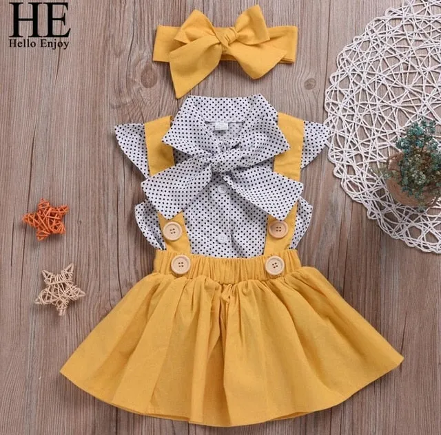 HE Hello Enjoy Girls Clothing Sets Girl Polka Dot Bowknot sleeveless Tops Suspender Princess Skirt Baby Girls Suits Kids Clothes