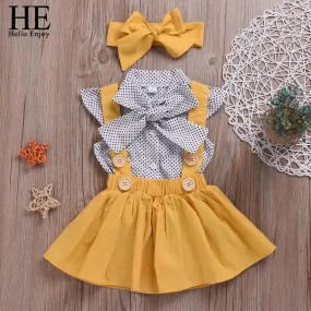 HE Hello Enjoy Girls Clothing Sets Girl Polka Dot Bowknot sleeveless Tops Suspender Princess Skirt Baby Girls Suits Kids Clothes