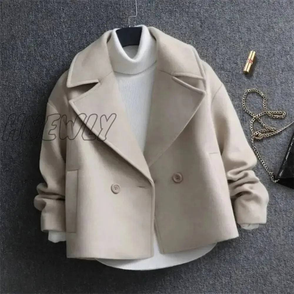 Hnewly Woolen Jacket Women's Spring Autumn New Korean Version Of Solid Color Slim Long-sleeved Lapel Short Coat Fashion Commuting