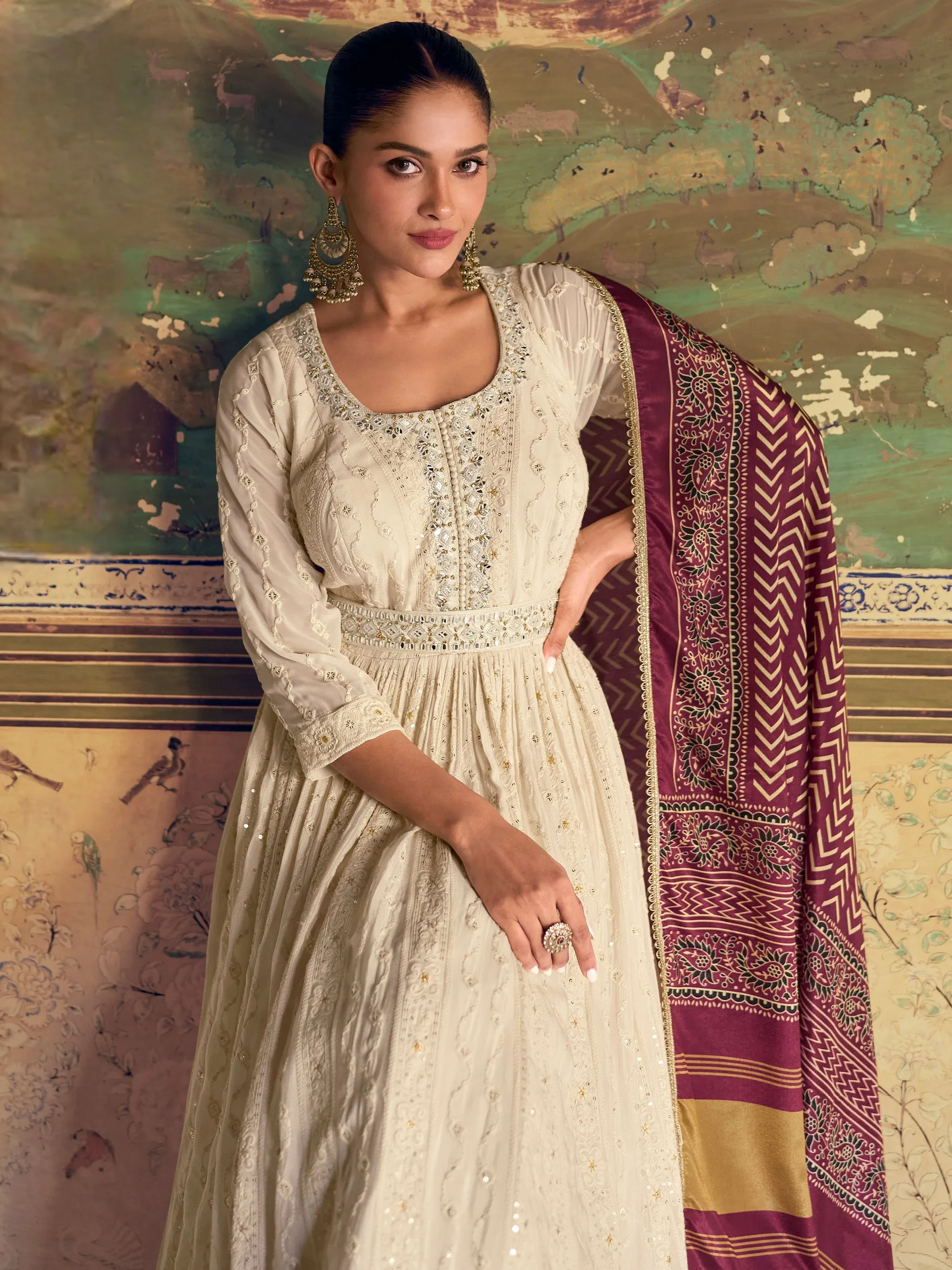 Ivory Embroidered Chikankari Anarkali Dress