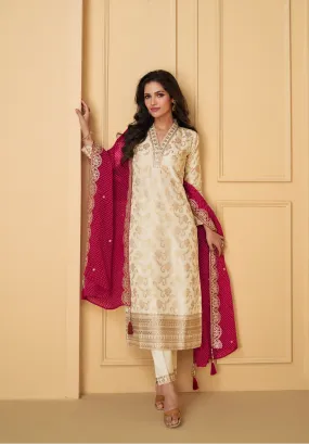 Ivory Viscose Jacquard Silk Straight-Cut Suit & Embroidered Dupatta