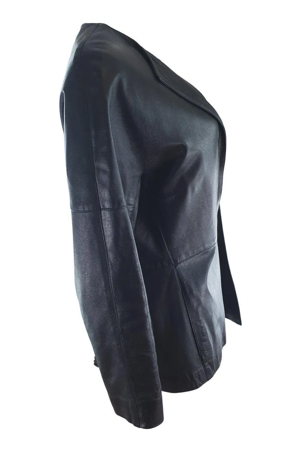 JAEGER Black Leather Jacket - Single Breasted, Minimalist Design, UK Size 12