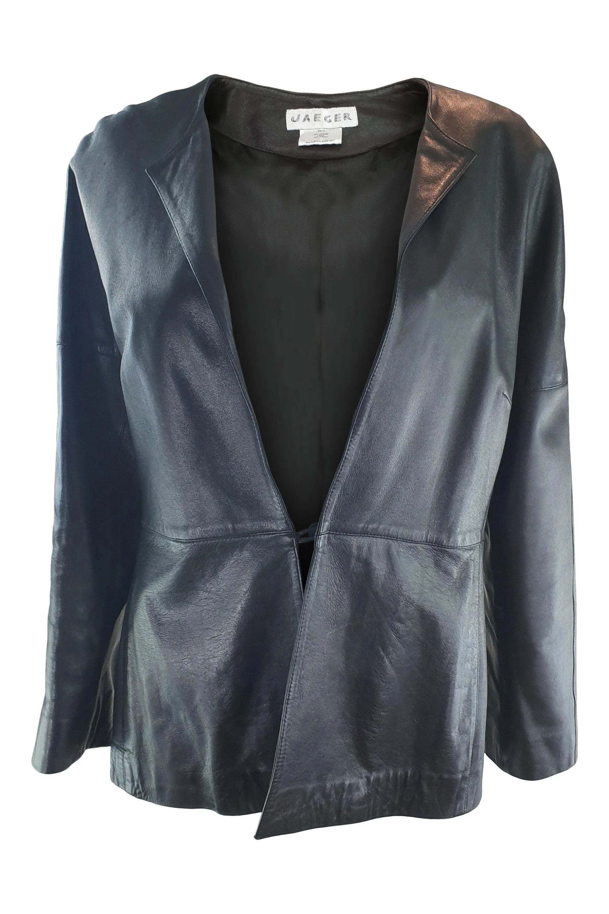 JAEGER Black Leather Jacket - Single Breasted, Minimalist Design, UK Size 12
