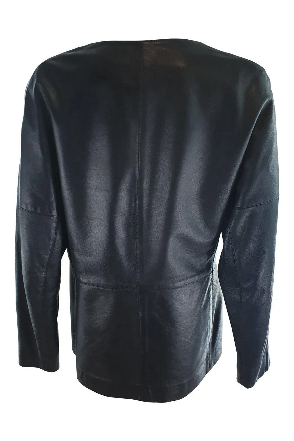 JAEGER Black Leather Jacket - Single Breasted, Minimalist Design, UK Size 12