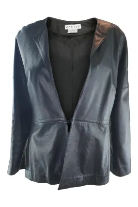 JAEGER Black Leather Jacket - Single Breasted, Minimalist Design, UK Size 12