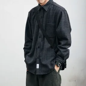 Jinquedai High Quality Thick Woolen Shirt Men Clothing Japanese Streetwear Lapel Long Sleeve Casual Plaid Top Harajuku Coats Male