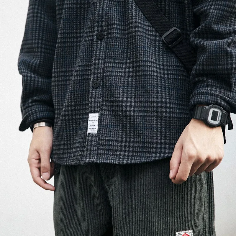 Jinquedai High Quality Thick Woolen Shirt Men Clothing Japanese Streetwear Lapel Long Sleeve Casual Plaid Top Harajuku Coats Male